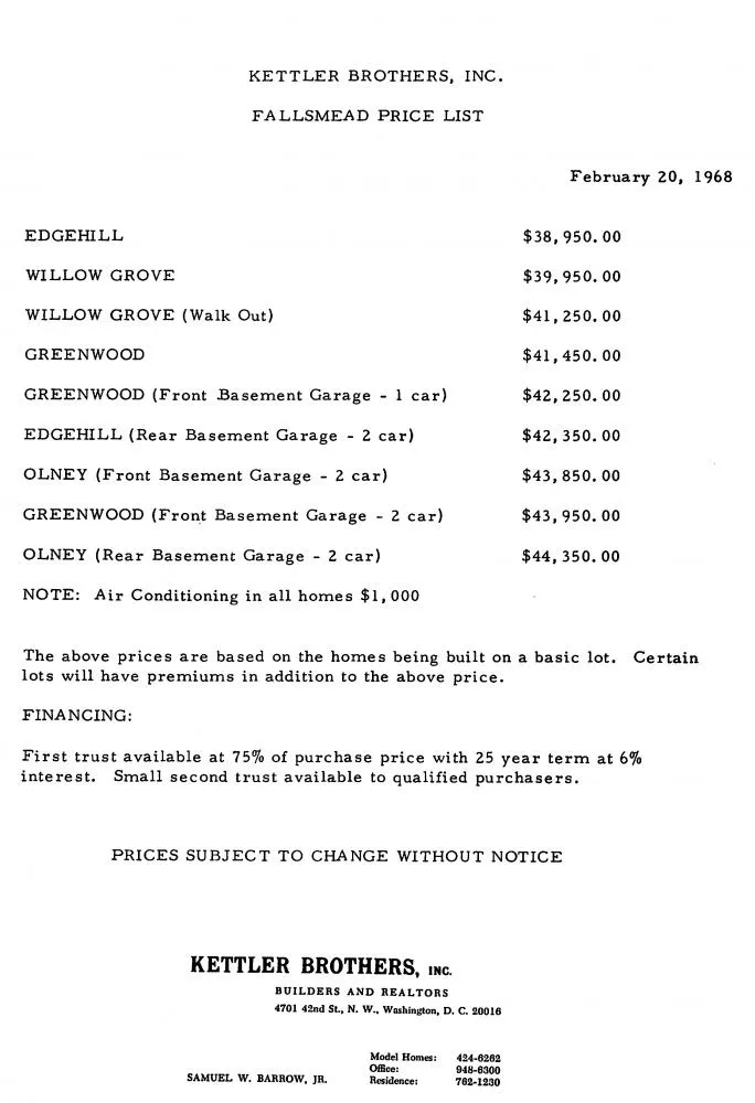 Kettler's February 1968 Fallsmead price list