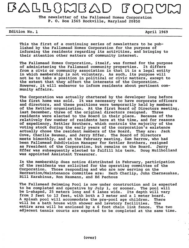 The first page of the April 1969 Fallsmead Forum